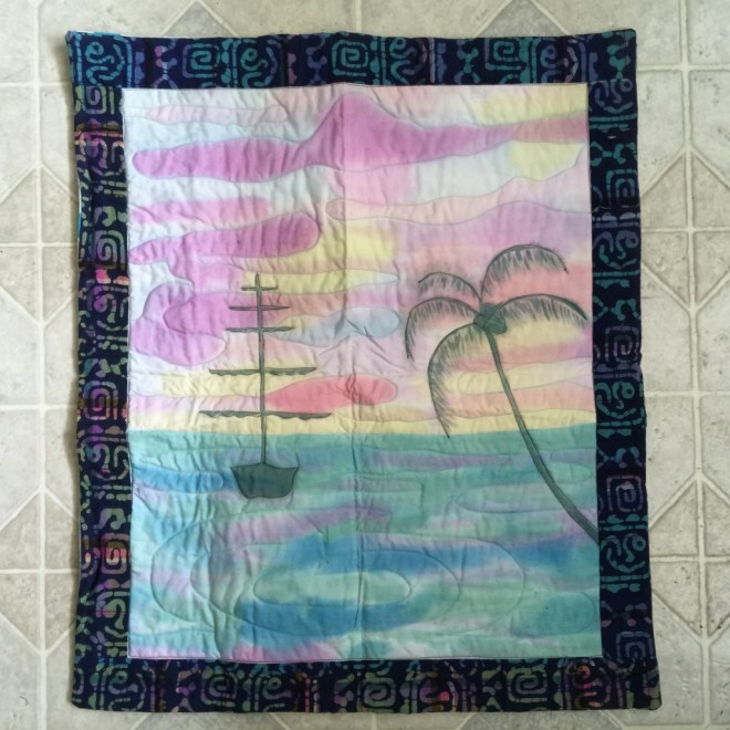 boat with palm tree quilt by Sally Eklund