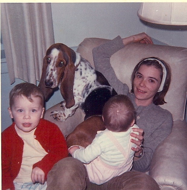 Sally Eklund with her two oldest children and family basset hound, circa 1968