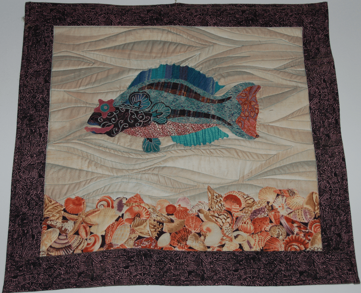 Asian-Carribean fish applique with Batik border by Sally Eklund