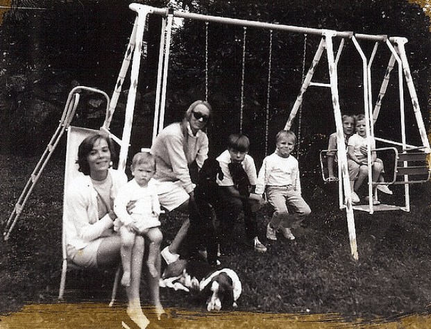 with daughter, sister-in-law of husband's older brother, and her three children, and older son in mid-1960s